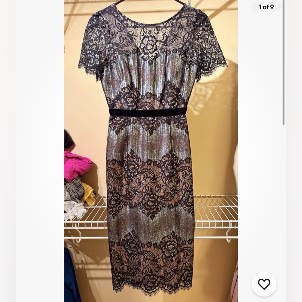 BCBGMAXAZRIA Women Short Sleeve Metallic Silver Gold Black Lace Cocktail Dress